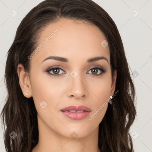 Neutral white young-adult female with long  brown hair and brown eyes