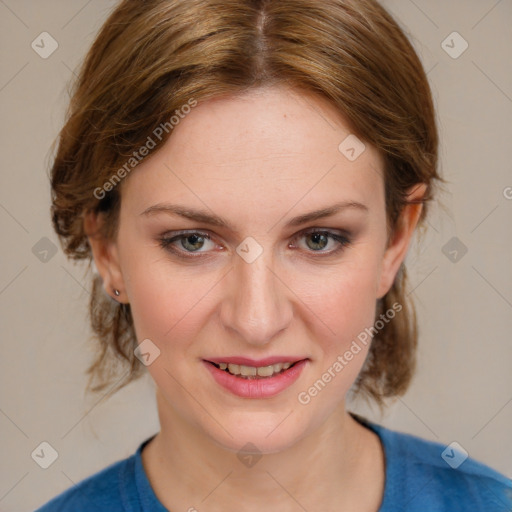 Joyful white young-adult female with medium  brown hair and blue eyes