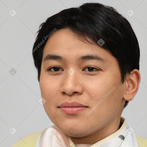 Joyful asian young-adult male with short  brown hair and brown eyes
