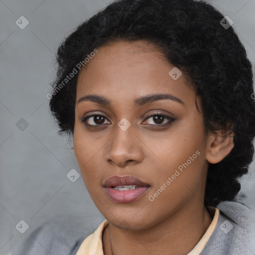 Neutral black young-adult female with short  black hair and brown eyes