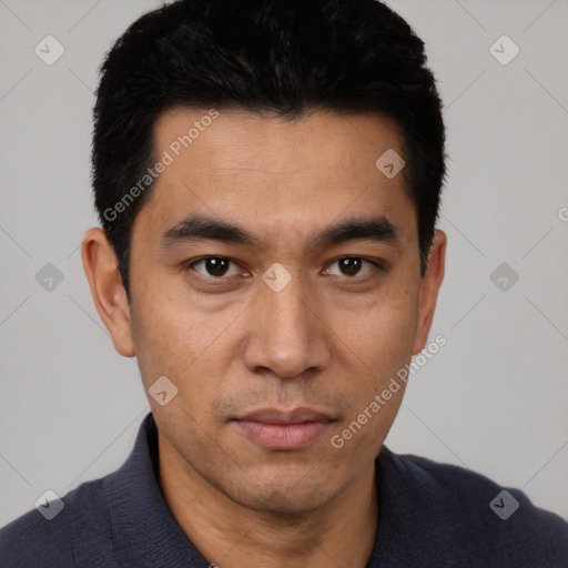 Neutral asian young-adult male with short  black hair and brown eyes