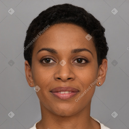 Joyful latino young-adult female with short  black hair and brown eyes