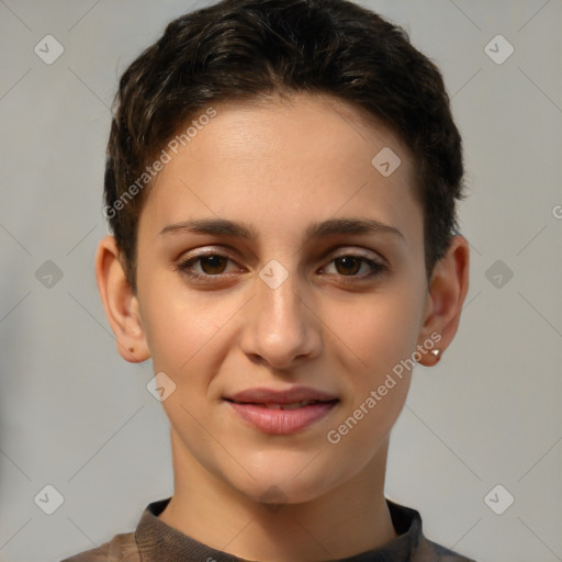 Joyful white young-adult female with short  brown hair and brown eyes