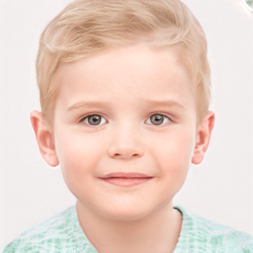 Joyful white child male with short  blond hair and blue eyes