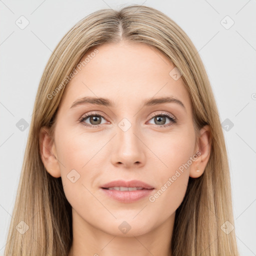 Neutral white young-adult female with long  brown hair and grey eyes