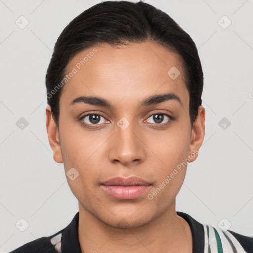 Neutral latino young-adult male with short  black hair and brown eyes