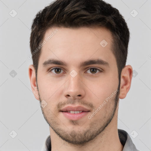 Neutral white young-adult male with short  brown hair and brown eyes