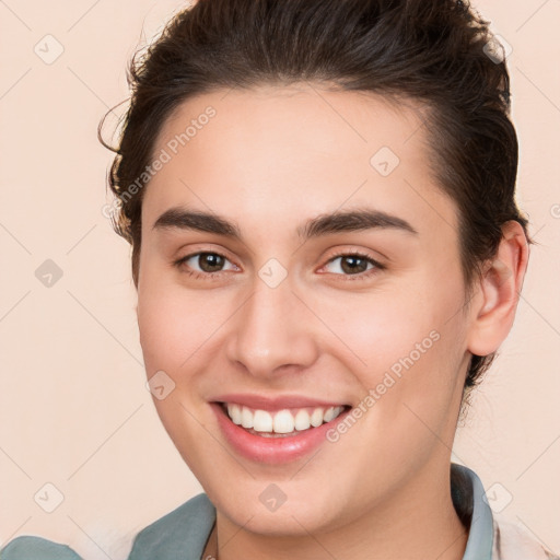 Joyful white young-adult female with medium  brown hair and brown eyes