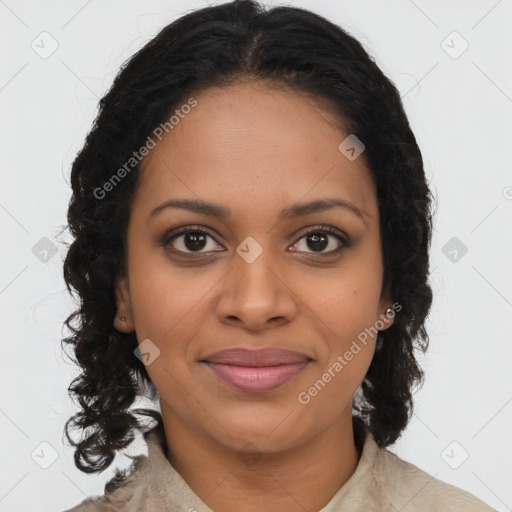 Joyful black young-adult female with long  brown hair and brown eyes