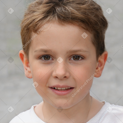 Joyful white child male with short  brown hair and brown eyes