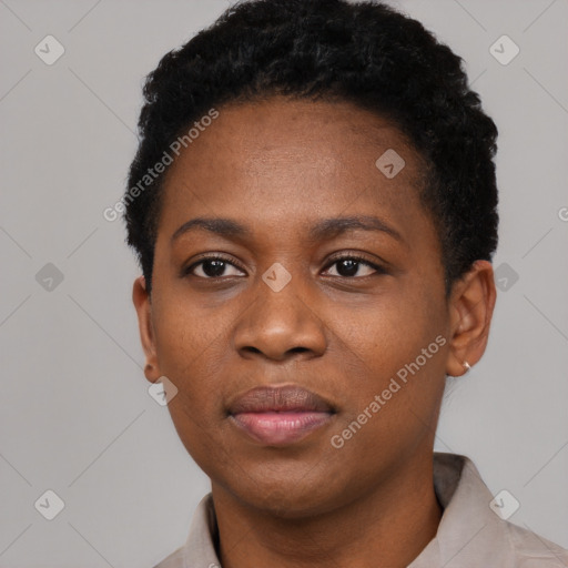 Neutral black young-adult female with short  black hair and brown eyes