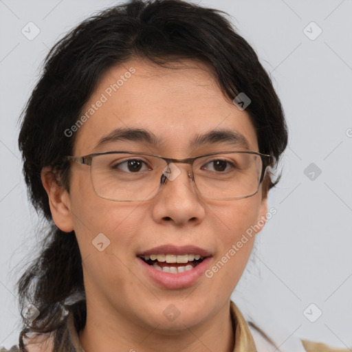 Joyful white adult female with medium  brown hair and brown eyes