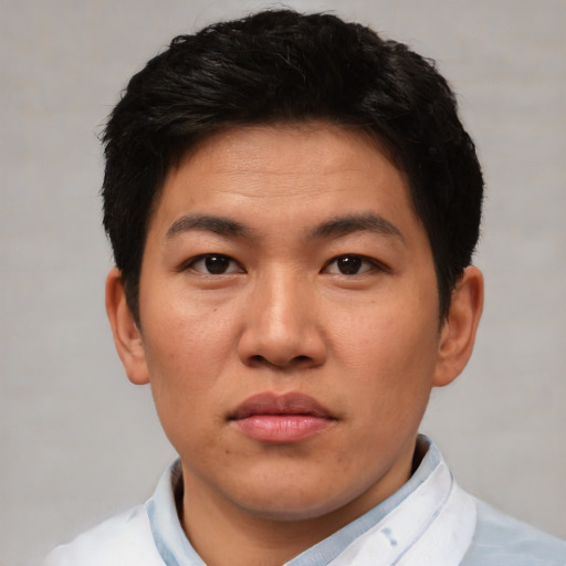 Neutral asian young-adult male with short  brown hair and brown eyes
