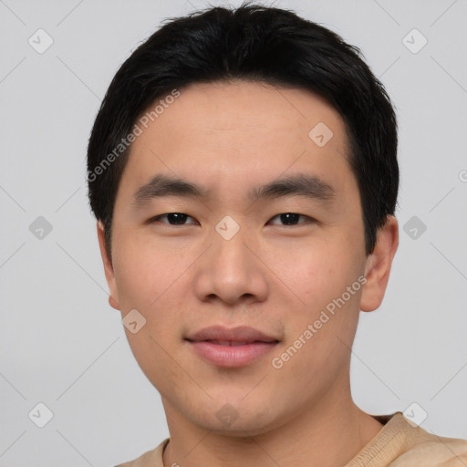 Neutral asian young-adult male with short  black hair and brown eyes