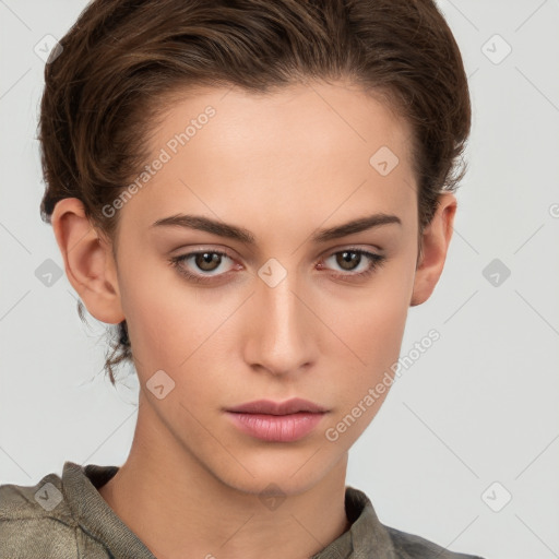 Neutral white young-adult female with short  brown hair and brown eyes