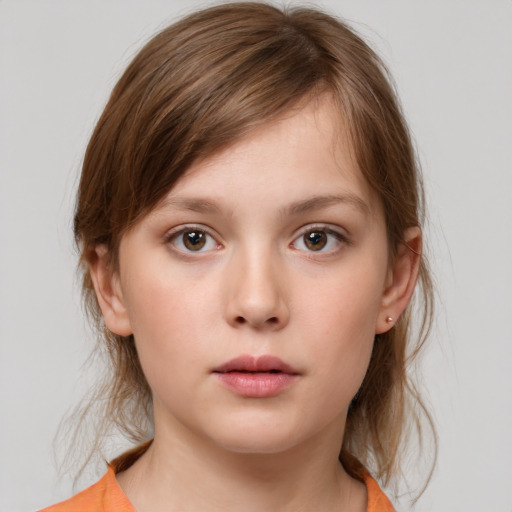 Neutral white young-adult female with medium  brown hair and grey eyes