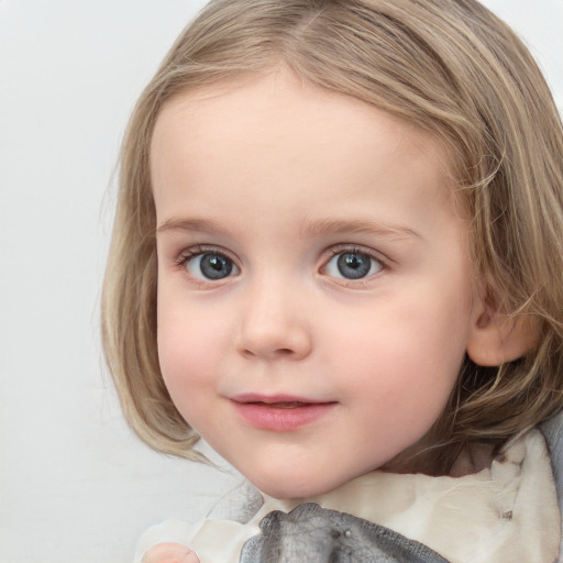 Neutral white child female with medium  brown hair and blue eyes