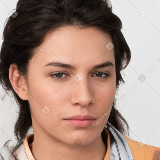 Neutral white young-adult female with medium  brown hair and brown eyes