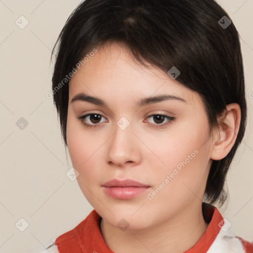 Neutral white young-adult female with medium  brown hair and brown eyes