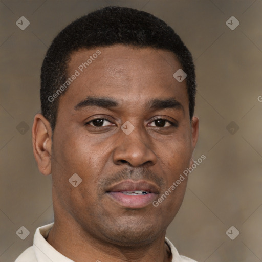 Joyful latino young-adult male with short  brown hair and brown eyes