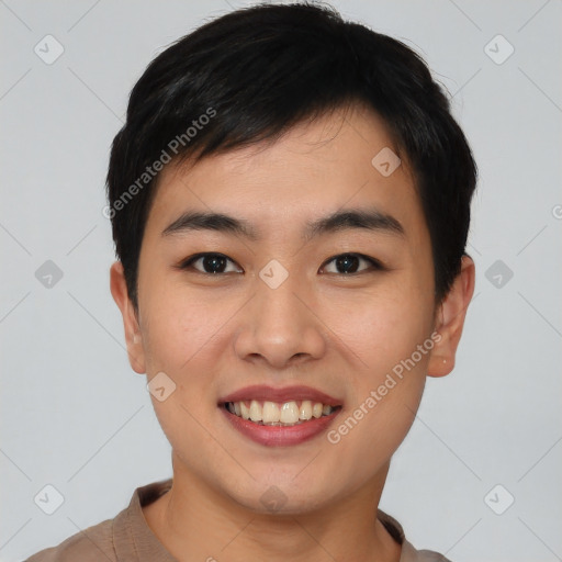 Joyful asian young-adult male with short  black hair and brown eyes