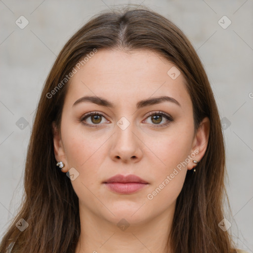 Neutral white young-adult female with long  brown hair and brown eyes