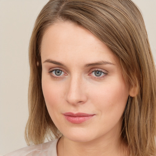 Neutral white young-adult female with long  brown hair and grey eyes