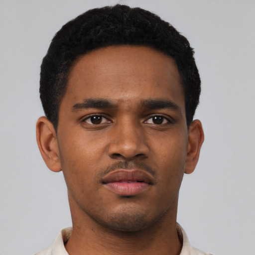 Neutral black young-adult male with short  black hair and brown eyes