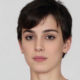 Neutral white young-adult female with short  brown hair and brown eyes