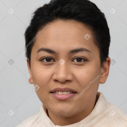 Joyful latino young-adult female with short  brown hair and brown eyes