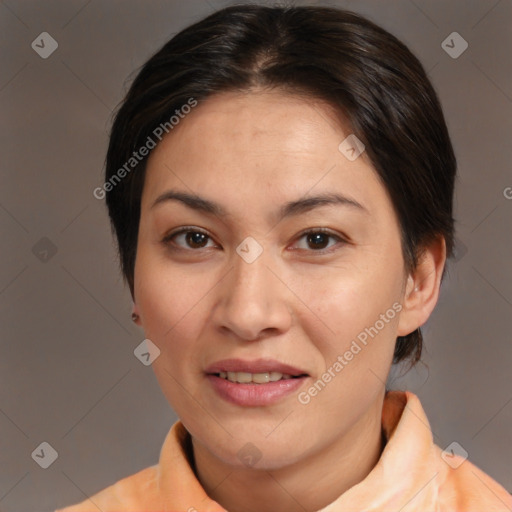 Joyful white young-adult female with medium  brown hair and brown eyes