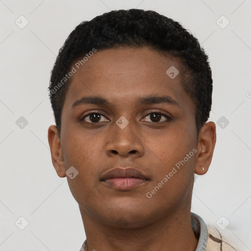 Neutral black young-adult male with short  brown hair and brown eyes