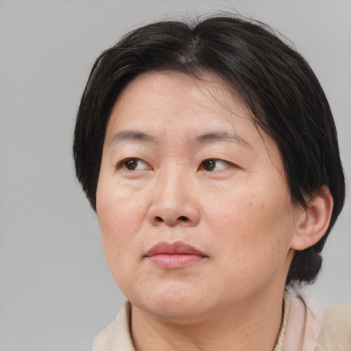 Neutral asian adult female with medium  brown hair and brown eyes