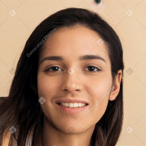 Joyful white young-adult female with long  black hair and brown eyes