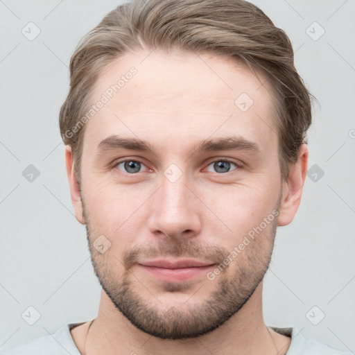 Neutral white young-adult male with short  brown hair and grey eyes