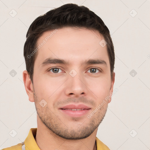 Neutral white young-adult male with short  brown hair and brown eyes