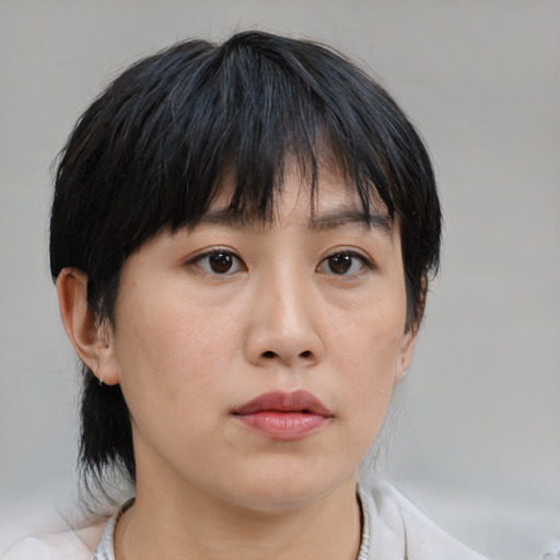 Neutral asian young-adult female with medium  brown hair and brown eyes