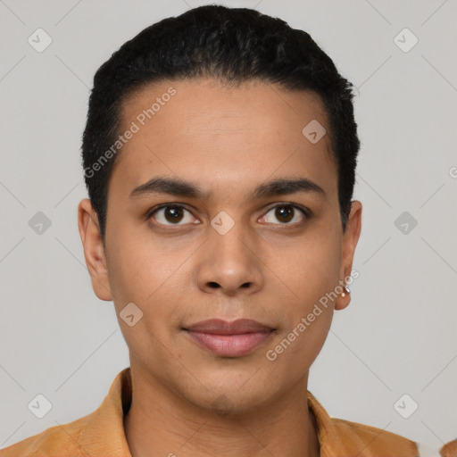 Joyful latino young-adult male with short  brown hair and brown eyes