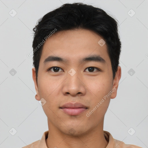 Neutral asian young-adult male with short  black hair and brown eyes