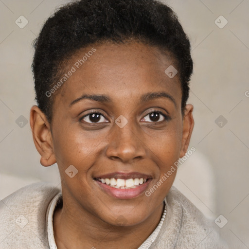 Joyful black young-adult female with short  brown hair and brown eyes