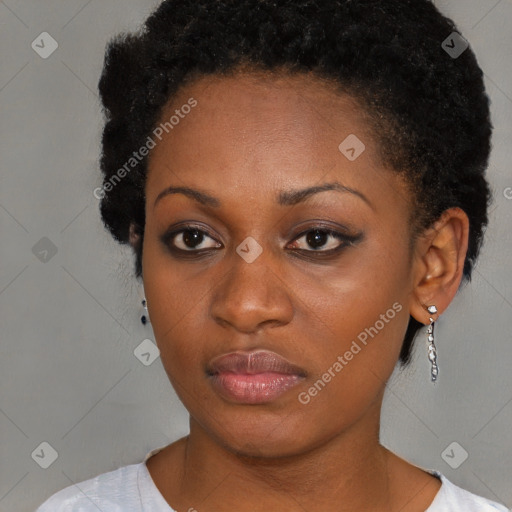 Neutral black young-adult female with short  brown hair and brown eyes