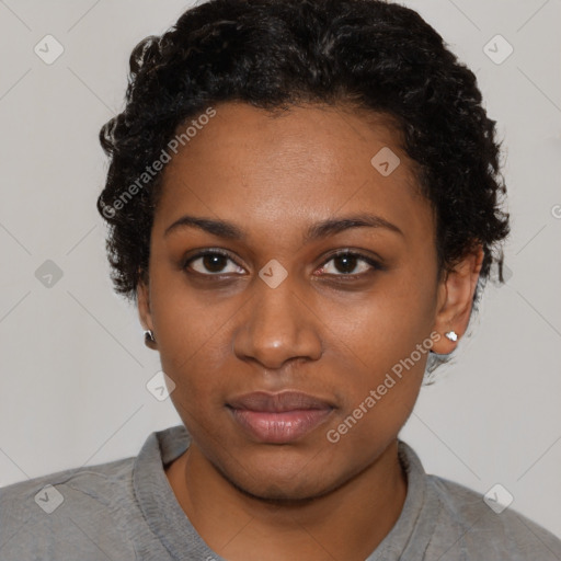 Neutral black young-adult female with short  black hair and brown eyes