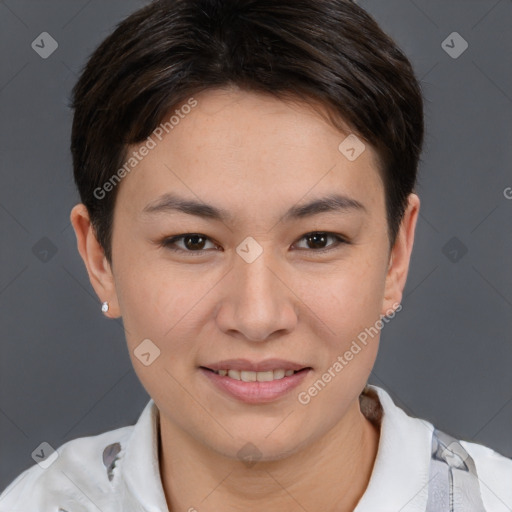 Joyful white young-adult female with short  brown hair and brown eyes