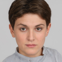 Neutral white young-adult female with short  brown hair and brown eyes