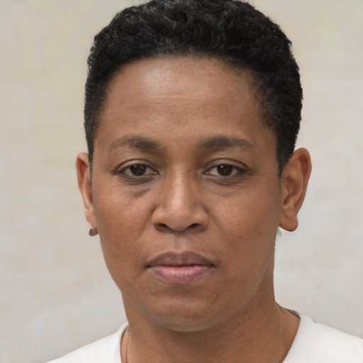 Joyful black adult female with short  black hair and brown eyes