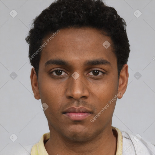 Neutral black young-adult male with short  black hair and brown eyes