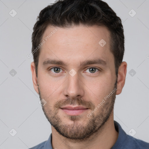 Neutral white young-adult male with short  brown hair and grey eyes