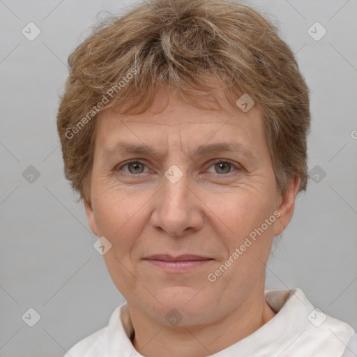 Joyful white adult female with short  brown hair and brown eyes