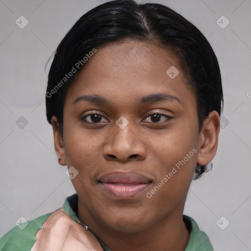 Joyful asian young-adult female with short  brown hair and brown eyes