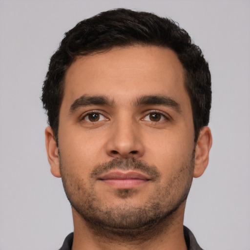 Neutral latino young-adult male with short  brown hair and brown eyes